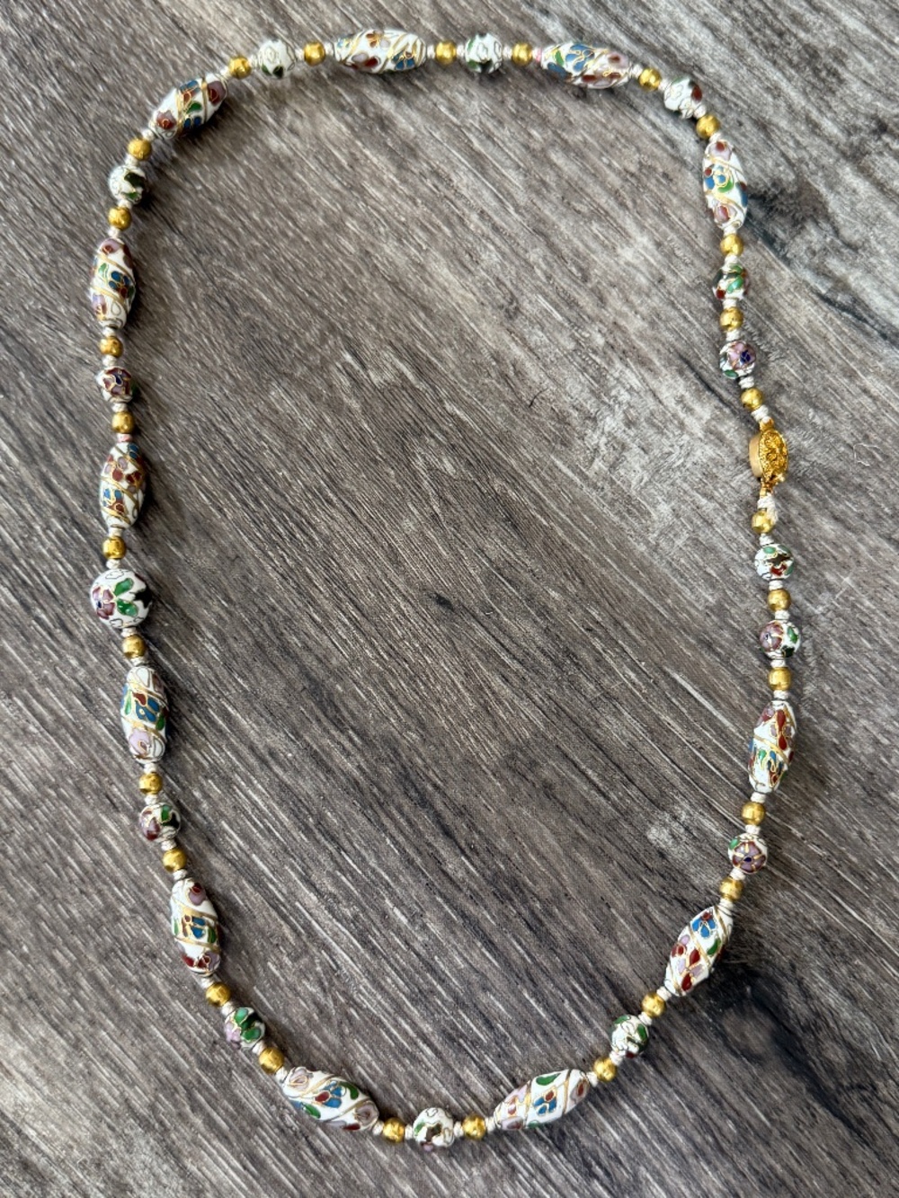 Vintage White Cloisonne Beads White Flowers Gold Tone Necklace